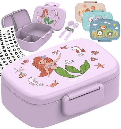 BEARFOOT Lunchbox Meerjungfrau - Auslaufsichere Brotdose für Kinder - Brotdose für Kindergarten und Schule mit 3 Fächern, leicht und BPA-frei. Ideal für gesunde Snacks, mikrowellen- und spülmaschinengeeignet.