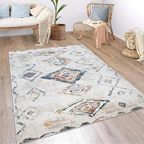 Paco Home Teppich Wohnzimmer Boho Ethno Marokkanische Muster Moderner Kurzflor Mit Struktur In Bunt Beige, Grösse:60x100 cm, Farbe:Bunt 3