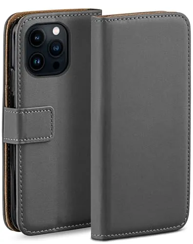 moex Book Case für iPhone 14 Pro Handyhülle mit Kartenfach, Hülle klappbar 360 Grad Schutzhülle, Klapphülle Flip Case Cover, PU Leder Handytasche Lederhülle, Dunkelgrau
