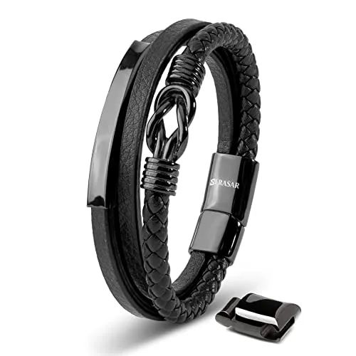 SERASAR Herrenarmband Leder 23cm Schwarz Männer Armband Armreif Herren Lederband Herrenarmreif Armschmuck Schmuck Armkette Flecht Wickelarmband Kette
