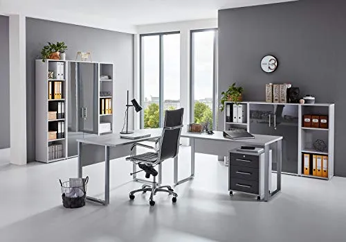 BMG-Moebel.de Büromöbel Set Office Edition Lichtgrau/Anthrazit - Komplettprogramm für Arbeitszimmer mit Winkelschreibtisch, Rollcontainer und Aktenschränken, modernes Design in Hochglanz und optional elektrisch höhenverstellbar.