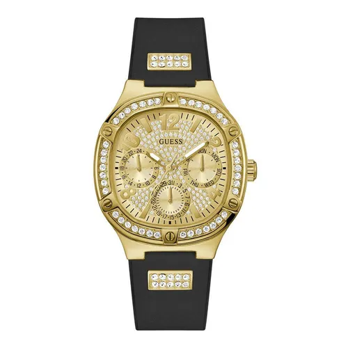 Guess Duchess GW0619L2 Damenuhr - Elegante Armbanduhr für Damen mit goldfarbenem Zifferblatt und schwarzem Silikonarmband. Multifunktional mit Datums- und 24-Stunden-Anzeige, ideal für den täglichen Gebrauch.