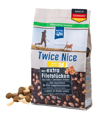 NutriQM® Twice Nice Junior Huhn – Getreidefreies Trockenfutter für Welpen | 2 x 4 kg - Hochwertiges Junior Trockenfutter für Welpen bis 12 Monate, reich an Filetstücken und leicht verdaulichen Zutaten. Unterstützt die gesunde Entwicklung mit wertvollem Kolostrum und bietet einen intensiven Fleischgeschmack.