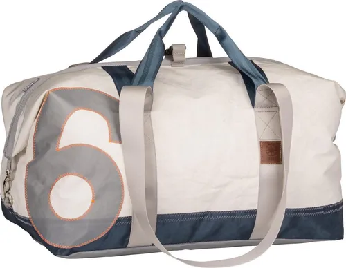 360° Grad Kutter große Segeltuch-Tasche weiß-blau - Damen-Rucksackhandtaschen aus recyceltem Segeltuch, einzigartig mit original Segel-Nähten und variierenden Zahlen, ideal für stilvolles Upcycling und umweltbewusste Mode.