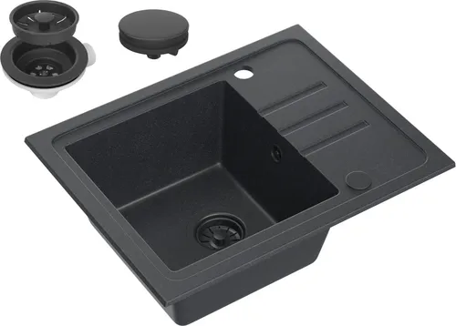 VBChome Spülbecken Granit Schwarz 55 x 44 cm Einzelbecken Einbauspüle Gesprenkelt Reversibel Granitspüle Schwarz Siphon Waschbecken
