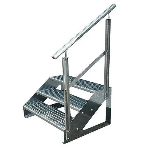 Kaminbau Mierzwa Premium Treppe Freistehend 3 Stufen Geländer Rechts (Breite 1000 mm) (Höhe 57cm) Wetterfest Gitterroststufe Gartentreppe