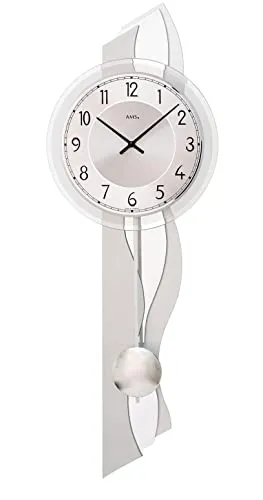 AMS 7476 Wanduhr Design - Elegante Wanduhr aus Holz mit silberfarbenem Pendel, ideal für stilvolle Wohnräume. Maße: 23 x 64 x 8 cm, mit analoger Anzeige und präzisem Quarzwerk.