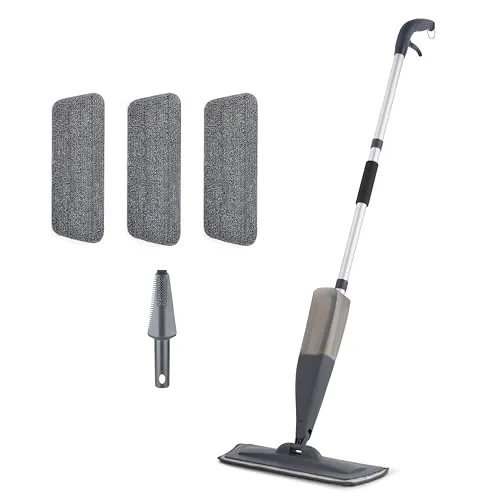 Amazon Basics Trocken- und Nasswischmopp zum Bodenwischen, 360-Grad-Drehkopf, 3 Waschbare Mikrofaserpads, Schaber, für Hartholz, Fliesen, Laminat, Vinyl