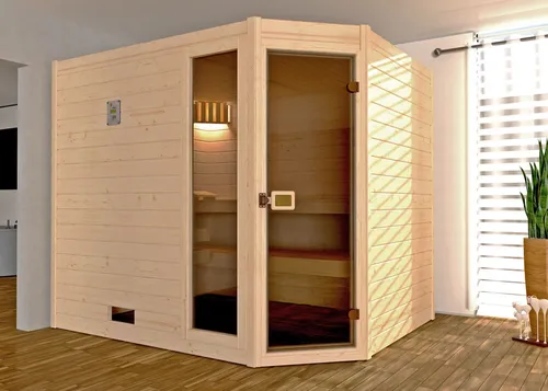 Weka Massivholzsauna VALIDA Eck 3 Glastür mit Fenster - Premium Sauna aus massivem Holz mit eleganten Glastüren, ideal für Entspannung und Wellness zu Hause.