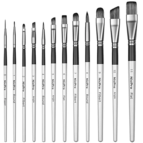 Nicpro 12 Stück Pinsel Set, Nylon Pinselset Acrylfarben, Aquarell Ölgemälde, Malerei Ölfarben Brush Set, Acryl Pinsel für Anfänger, Künstler, Schulmalpinsel