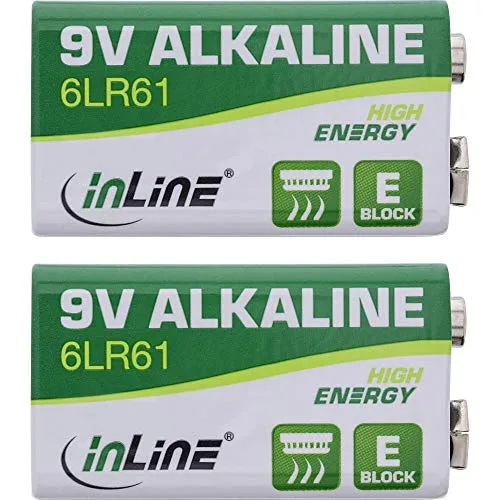 InLine Alkaline High Energy Batterie - 9V Block 6LR61-2er Blister, 01299, Grün/Weiß