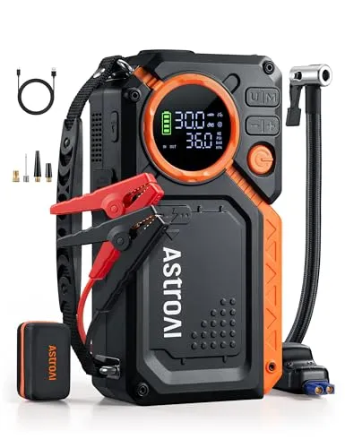 Produktbild AstroAI Starthilfe Powerbank für PKW mit Kompressor 150PSI, 8000A Auto Starthilfe Powerbank für alle mit Benzin/12L Diesel, Starter Powerbank Eingang/Ausgang, komplettes Zubehörset, Orange