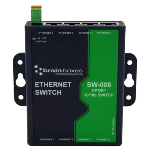 Brainboxes SW-008 Ethernet-Switch mit 8 Anschlüssen, Wandmontage, leichte Industrie,