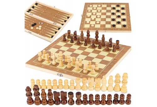 kinderplay Spielesammlung 3-in-1 Holz Brettspiel – Schach Dame Backgammon – Familien Spaß