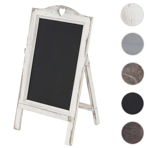 Werbetafel HWC-E51 - Vintage Kreidetafel im Shabby-Look - Präsentation: Stilvolle Werbetafel aus massivem Paulowniaholz, ideal für Innen- und Außenbereiche. Klappfunktion für platzsparendes Verstauen und integriertes Ablagefach für Kreide.