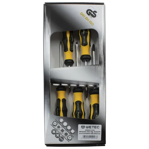 Schlitz/Phillips-Schraubendreher-Satz 5-teilig ESD - Schraubenzieher-Satz mit ergonomischem Griff und hoher Präzision. Ideal für präzise Arbeiten in ESD-Umgebungen, dank Molybdän-Vanadium-Stahl und herausragender Schlagfestigkeit.