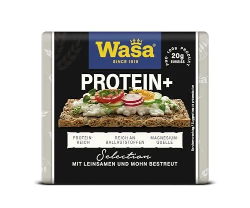 Wasa Selection Protein+ 200g - Knäckebrot aus 41% Weizenvollkornmehl, verfeinert mit Leinsamen und Mohn. Ideal für bewusste Mahlzeiten und Snacks, bietet eine knusprige Textur und natürliche Zutaten. CO²-neutral gemäß Standard PAS 2060/2014.