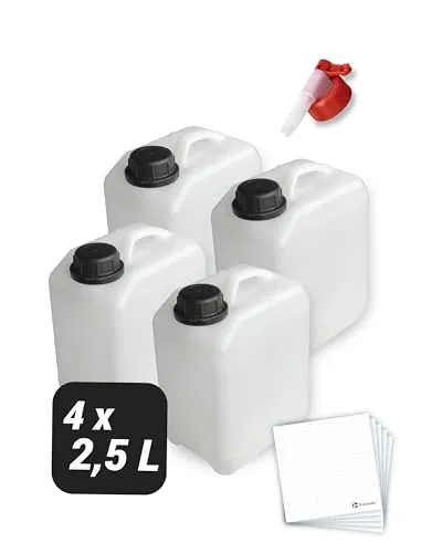 Trevendo 4er-Set Wasserkanister - Leerkanister - Kunststoffkanister (2,5 Liter, DIN 45, Ø35 mm) - lebensmittelecht & BPA-frei - inkl. 1 Auslaufhahn & Schraubverschlüsse & 5 Beschriftungsetiketten
