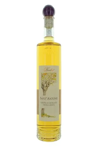 Berta Sant‘ Antone Grappa di Moscato Invecchiata 0,7 Liter - Tresterbrand mit 40% Vol., verfeinert durch die Reifung in Eichenfässern für ein unverwechselbares Aroma und vollmundigen Geschmack.