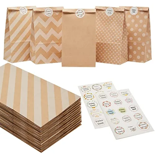 Stück Kraftpapiertüten Geschenktüten klein Papier Tüten Geburtstagstüten mit 30 Aufkleber Papiertüten Braun Geschenktaschen für Weihnachten Hochzeit Party Kindergeburtstag Valentinstag 24x13x8cm 30