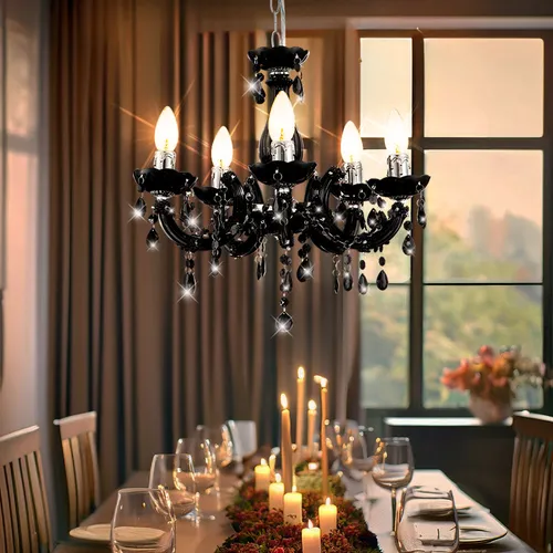 Eleganter 5-flammiger Kronleuchter in Schwarz mit Kristallbehang