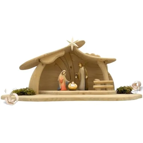Akantus Leonardo Weihnachtskrippe aus Holz: Heilige Familie mit Stall HL.Nacht groß bemalt (10 cm)