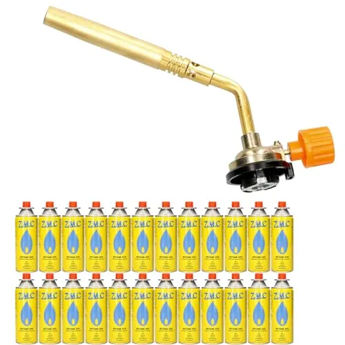 Z.M.C ALLZWECKBRENNER Gasbrenner 1,65 kW + 24x Gaskartuschen 227g, Lötbrenner bis zu 1371 °C, Schweißbrenner Bunsenbrenner mit einstellbarer Flamme, Abflammgerät Lötlampe ideal für Werkstatt