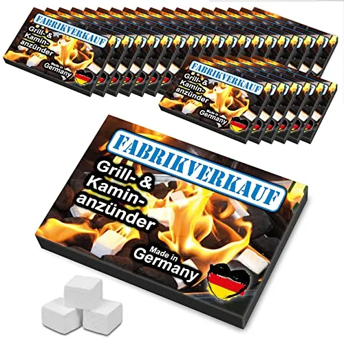 Fabrikverkauf Grillanzünder Anzündwürfel - 1152 Würfel für Grill und Kamin - Grillanzünder mit 10 Minuten Brenndauer, geruchsarm und ideal für Grill, Ofen und Kamin. Lieferumfang: 24 Schachteln mit 48 Anzündwürfeln.