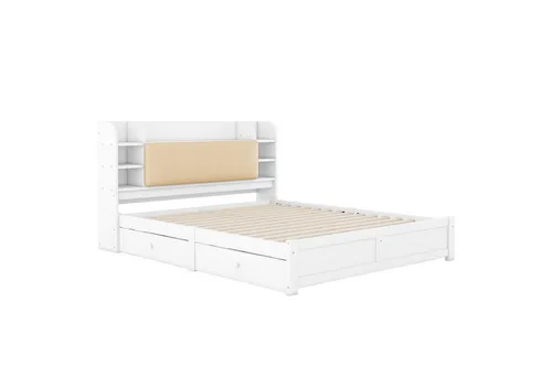 Odikalo Polsterbett Flachbett mit 4 Schubladen und Kopfteil, weiß 160/180*200 - Robust und funktional: Dieses elegante Bett aus Kiefernholz und MDF bietet vier praktische Schubladen für optimalen Stauraum. Ideal für ein ordentliches Schlafzimmer und ein angenehmes Schlaferlebnis.