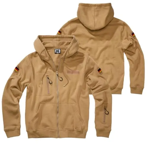 BWuM Tactical Kapuzenjacke mit Flaggen & Klett - Größe S, Coyote - Taktische Kapuzenjacke mit durchgehendem Reißverschluss und weichem Fleece-Innenfutter. Mit praktischen Taschen und Klettflächen für Patches, ideal für den Outdoor-Einsatz.