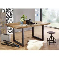 Massivmoebel24 Esstisch RAILWAY - Mango Holz Esstisch 160x90x76 - Esstisch in Industrial-Stil aus nachhaltigem Mango-Holz, 160x90x76 cm, mit einzigartiger Used-Optik und auffälligen Wurmlöchern. Ideal für 4-6 Personen und umweltfreundlich!