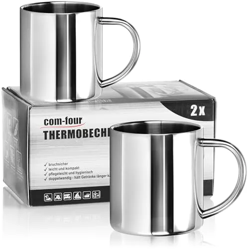 com-four® 2x Edelstahl Thermobecher - 300 ml je Becher - Isolierbecher doppelwandig - Kaffeetasse bruchsicher - Thermo-Trinkbecher - Camping Becher - Tasse - BPA-frei (300ml)