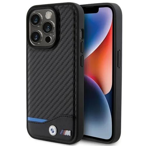 BMW Leder Carbon Blue Line - iPhone 15 Pro Hülle (Schwarz) - Luxuriöse Handyhülle aus hochwertigem Leder und Carbon für iPhone 15 Pro, bietet perfekten Schutz vor Kratzern und Stürzen, in limitierter Auflage erhältlich.