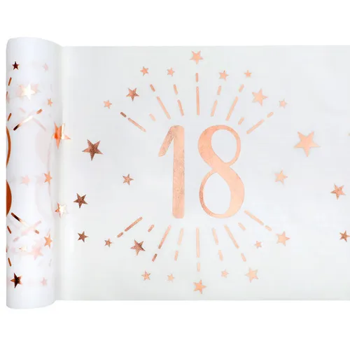 Tischläufer Happy Birthday 18, weiß-rosé-gold, 30cm x 5m 1qm=6,66 EUR