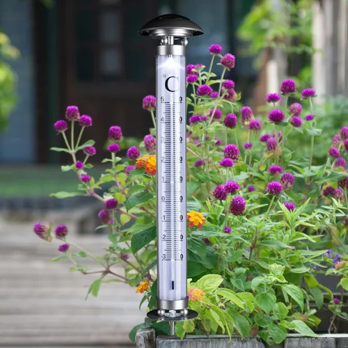 XXL Thermometer mit Solar Beleuchtung - Außenthermometer mit Erdspieß 112 cm - Praktisches und stilvolles Thermometer für den Außenbereich. Mit Solar Beleuchtung und einem stabilen Erdspieß für einfache Montage. Ideal für Garten und Terrasse.