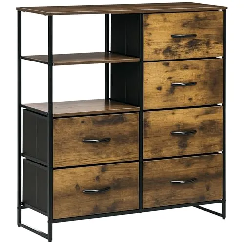HOMCOM Kommode aus Stoff mit 6 Schubladen - Kommode & Sideboard mit robustem Stahlgestell und 6 praktischen, faltbaren Schubladen für vielseitige Aufbewahrung. Rustikales Design, ideal für Schlafzimmer oder Wohnzimmer.