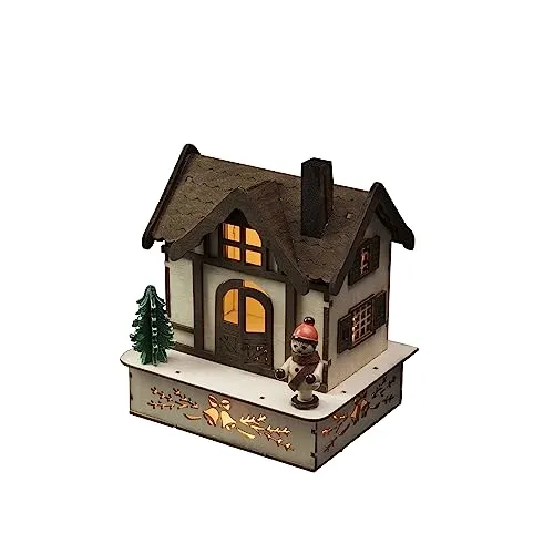 Konstsmide LED Holzsilhouette naturfarben, Fachwerkhaus mit Weihnachtsbaum und oranger Figur, 4 warm weiße Dioden, batteriebetrieben, Innen - 3230-100