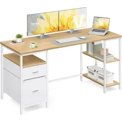 VASAGLE Schreibtisch mit 3 Ablagen, Bürotisch mit 2 Schubladen, 160 x 60 x 76 cm, moderner Stil, eichenfarben-weiß - Beige