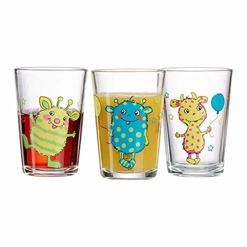 Ritzenhoff & Breker Kindergläser Monsterchen, 3er Set, 205 ml, Bedruckte Kinderbecher mit Monster-Motiv, Kleine Trinkgläser für Kinder, Spülmaschinengeeignet