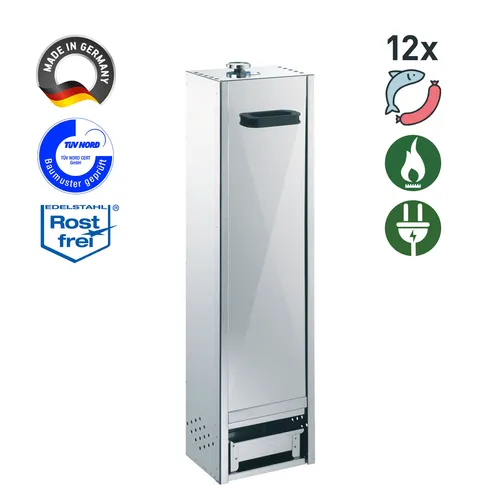 Peetz Räucherofen 34009 - Räucherofen aus rostfreiem Edelstahl, für bis zu 12 Fische, betrieben mit Elektro oder Gas – ideal für Grillliebhaber und Feinschmecker.