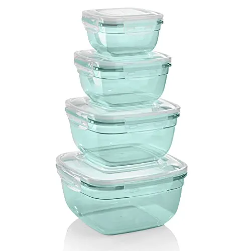 Grizzly 4er Set Frischhaltedosen (0,5L, 0,9L, 1,5L, 2,4L), quadratisch, Kunststoff, 100% luft-/wasserdicht, mikrowellengeeignete Vorratsdosen, Mint
