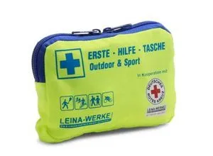 Leina-Werke DRK Erste-Hilfe-Set Outdoor & Sport neongelb, Nylon, 14-tlg. Pflasterset, Verbandpäckchen, BURNSHIELD, Zeckenhilfe
