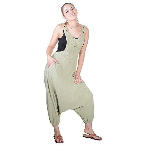 Kunst und Magie Hippie Latzhose Haremshose Hose Psy Goa 70er Overall, Größe:XXL, Farbe:Hanffarben