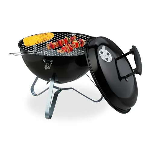 relaxdays Tragbarer Holzkohlegrill Ø 37 cm - Kompakter Kugelgrill für unterwegs, ideal für Picknicks oder Camping, mit Grillrost und Kohleschale für ein perfektes Grillerlebnis.