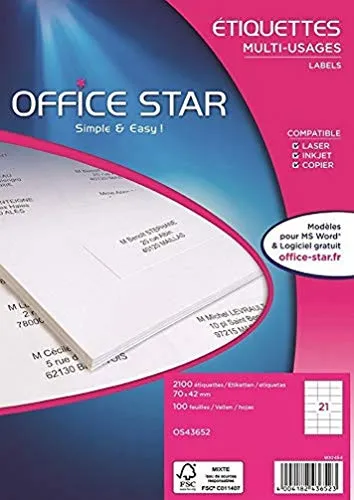 Office Star – 2100 selbstklebende Etiketten, vielseitig einsetzbar, weiß, personalisierbar, bedruckbar, Format 70 x 42 mm, Lasetdrucker, Tintenstrahldrucker und Kopierer