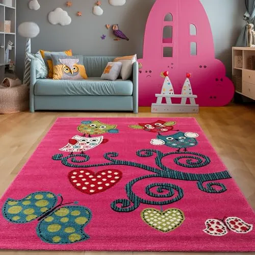 SIMPEX Teppich Kinderzimmer Eulenmuster Violett Kurzflor Kinderteppich mädchen Spielteppich Eulen Design Babyzimmer Teppiche für Junge und Mädchen Extra Weich und 80 x 150 cm
