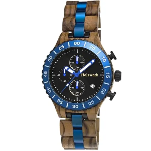 Holzwerk Germany Handgefertigte Designer Herren Öko Natur Holz Uhr Chronograph Armband Analog Quarz Zebra Braun Schwarz Blau Datum Holz