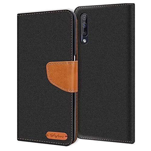 CoolGadget Handyhülle Stoff für Samsung Galaxy A50 / A30s Textil Wallet Case, Stoff-Design mit Magnetverschluss & Kartenfächern, kompatibel mit Samsung Galaxy A50 / A30s (6,4 Zoll), Schwarz