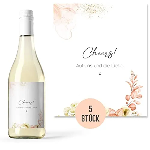 Flaschenetiketten Hochzeit-Geschenk (5 Stück) | Dekoration oder Geschenk zu Hochzeit und Verlobung | Aufkleber für Weinflasche, Sektflasche selbstklebend | Geschenk JGA (Wedding Edition #2 Koralle)