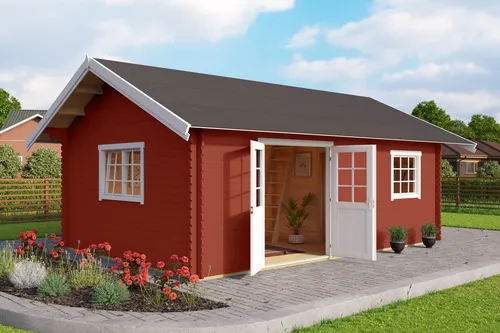 Gartenhaus Blockhaus 40 mm Caroline Silber mit Schlafboden - Gartenhaus aus 40 mm Blockbohlen, ideal für entspannte Nächte im eigenen Garten. Mit 21.7 m² Nutzfläche und abschließbaren Türen bietet es Sicherheit und Komfort.
